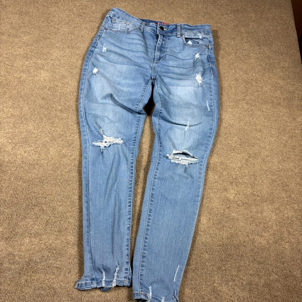 Wax Jeans Women's 11/30 Blue Denim Distressed Butt, I Love You Whiskered Skinny